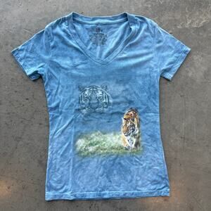 Vintage Y2K Mountain Tiger Lion V-Neck Blue Cotton Women Short Sleeve Medium